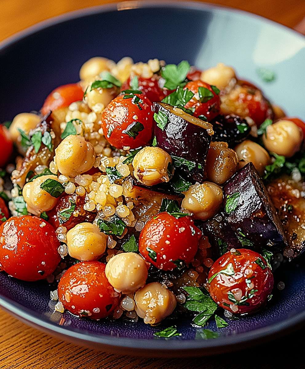 Salade aubergines rôties tomates pois chiches
