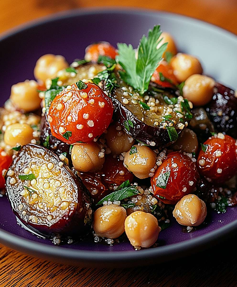 Salade aubergines rôties tomates pois chiches