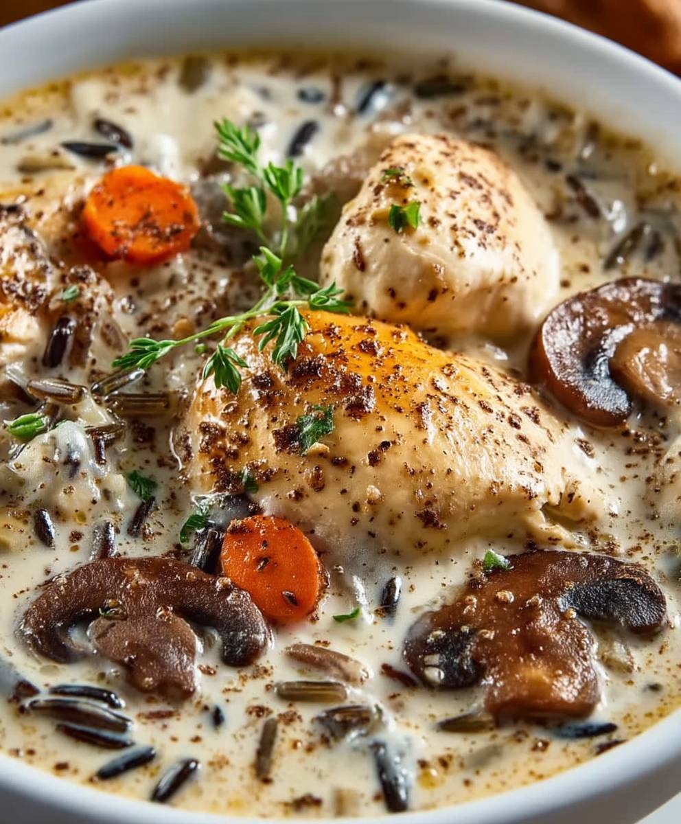 Soupe crémeuse champignons poulet riz sauvage