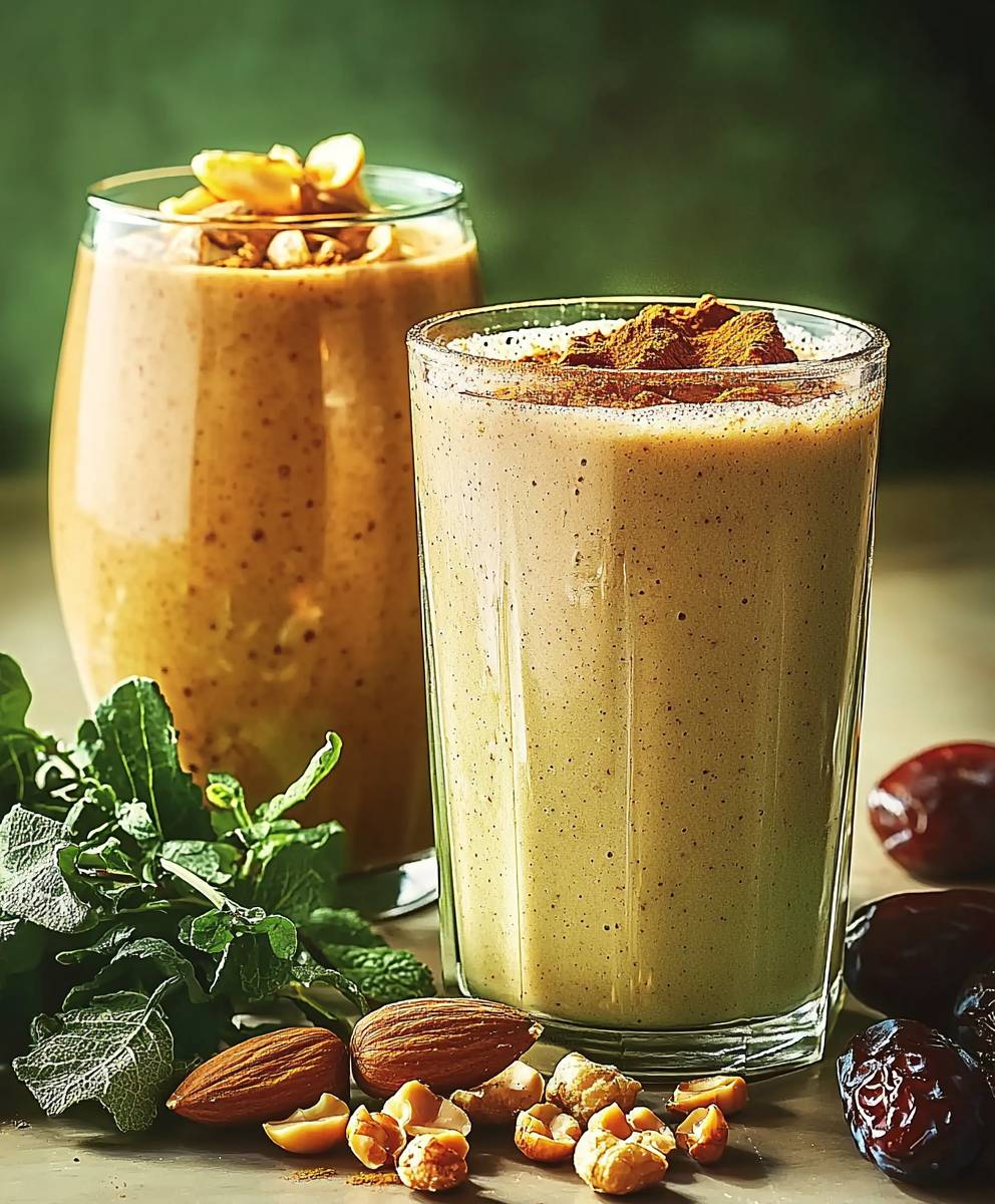 Smoothie lait amande cacahuète cannelle dattes