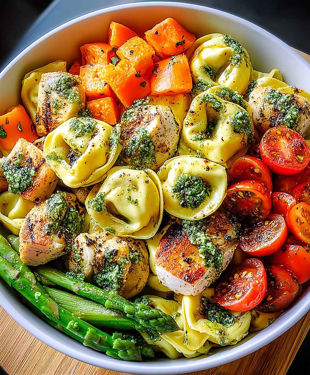 Tortellini poulet pesto légumes