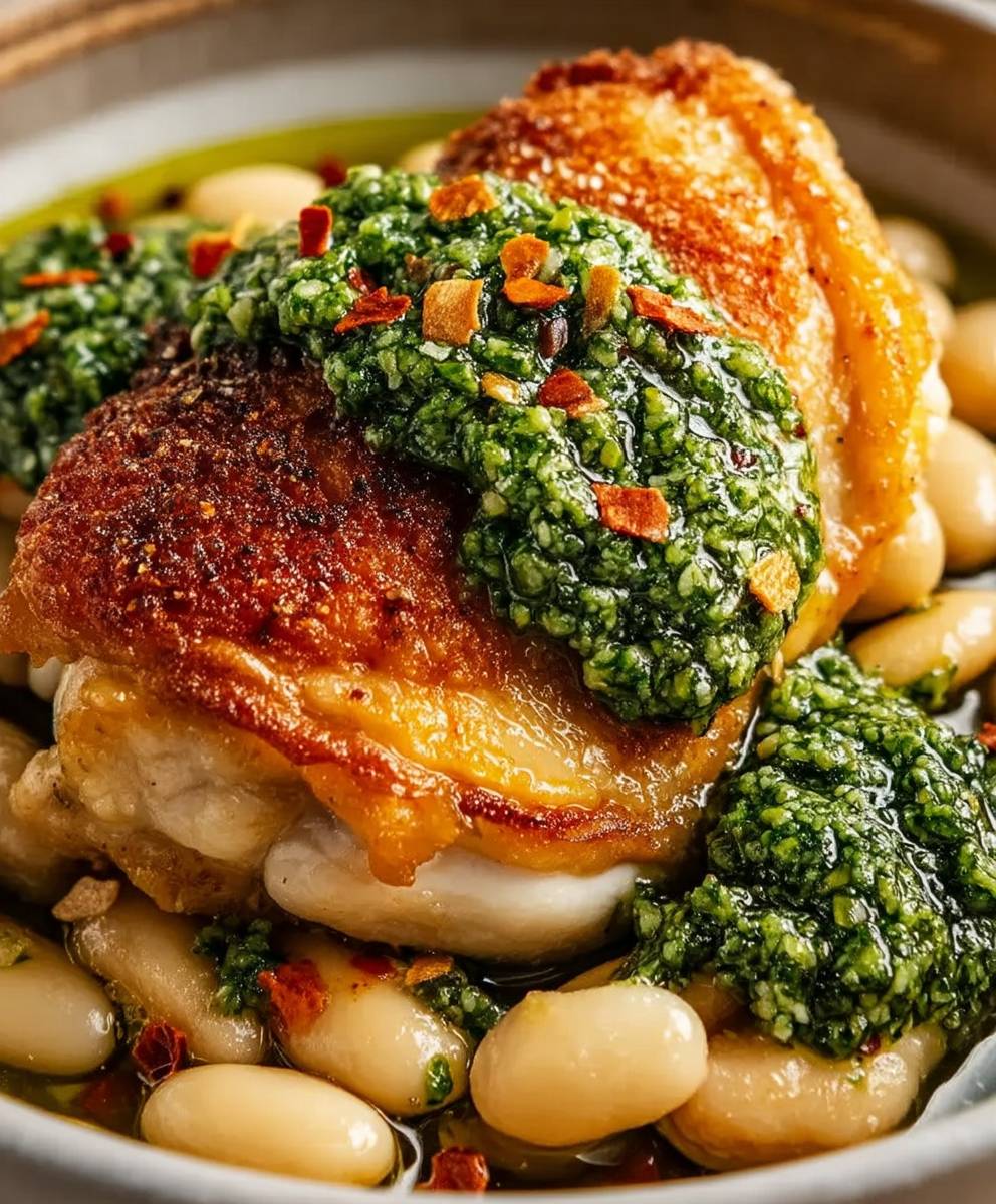 Poulet croustillant haricots cannellini pesto