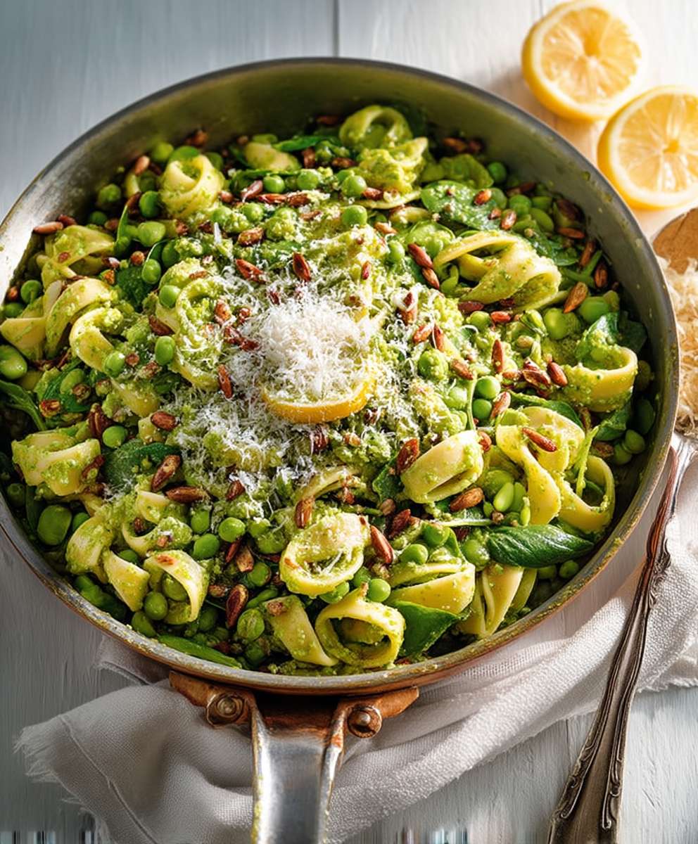 Pâtes pesto petits pois épinards citron