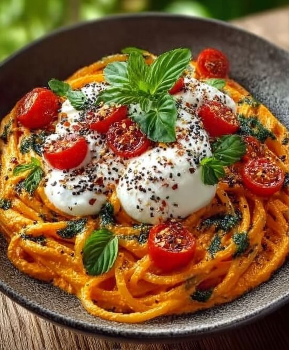 Spaghetti crème poivron rouge mozzarella