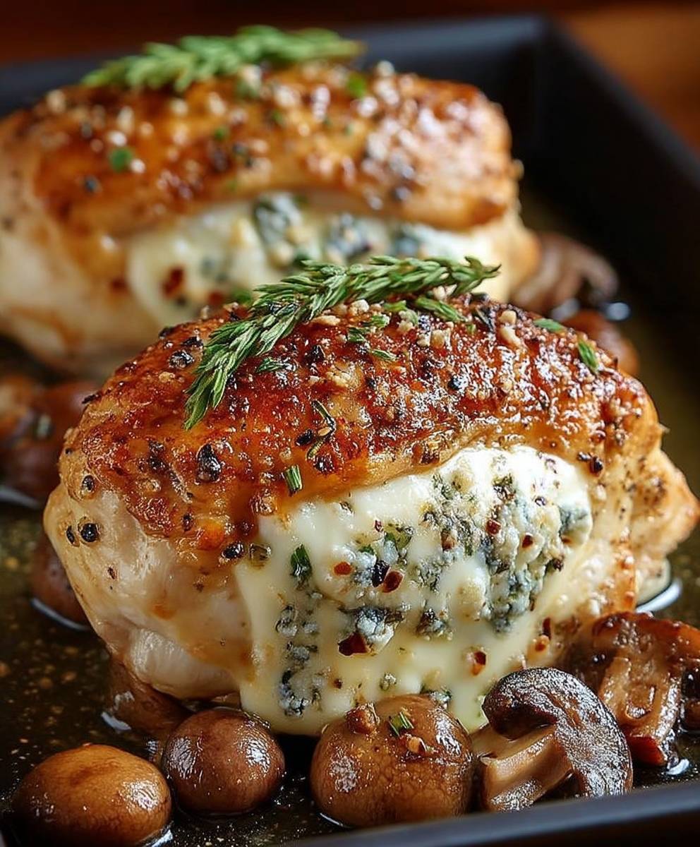 Poulet farci champignons ail fromage