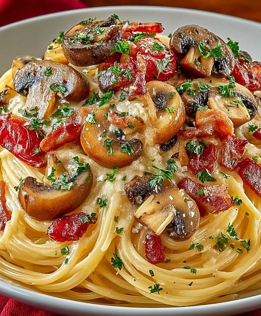 Spaghetti Carbonara Lard Fumé Champignons