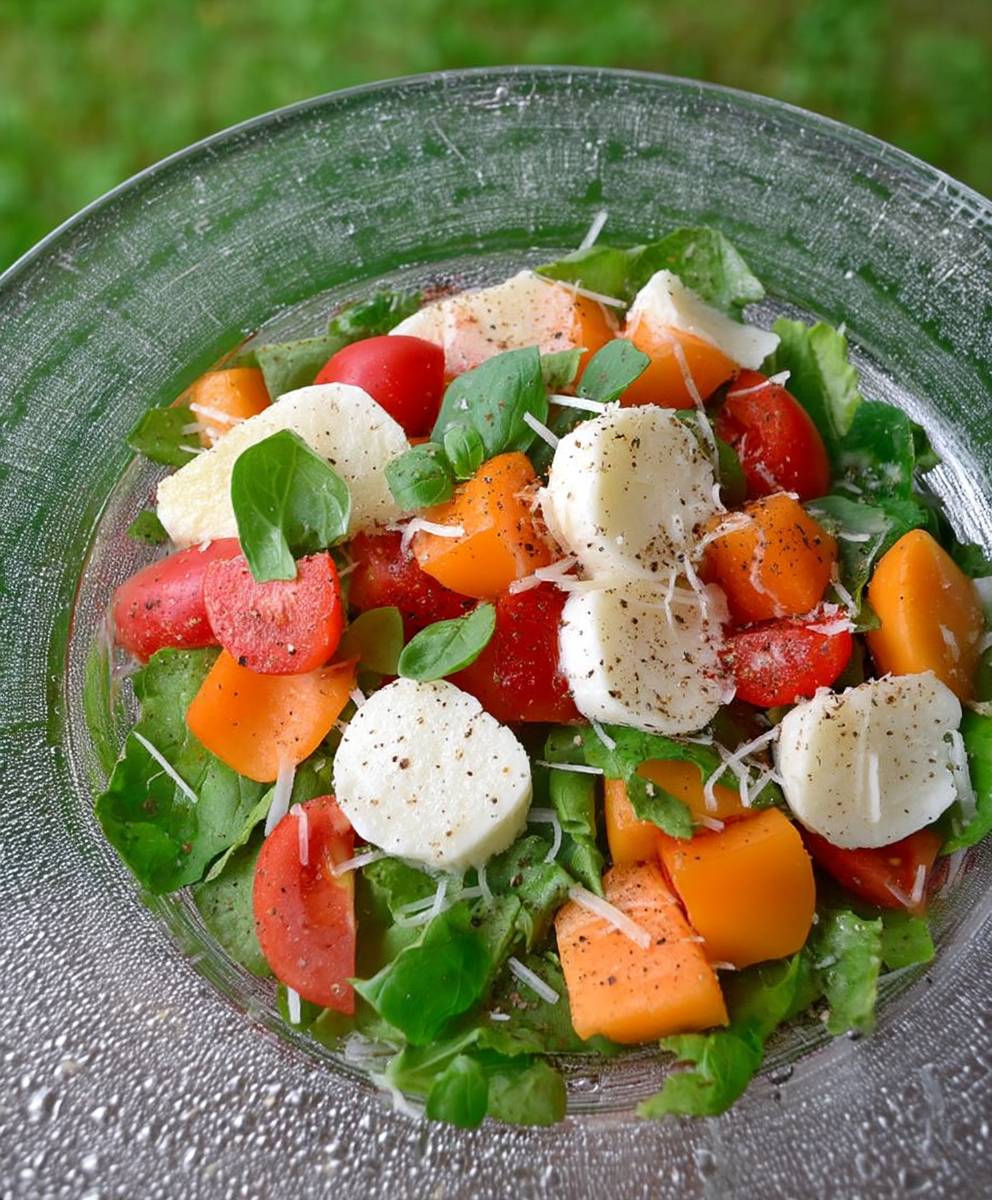 Salade abricot tomate mozzarella parmesan