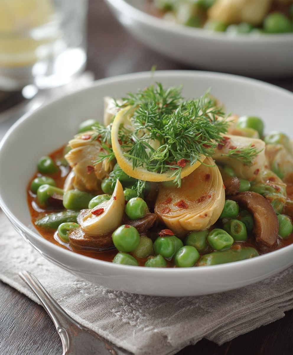 Fèves sauce petits pois artichauts