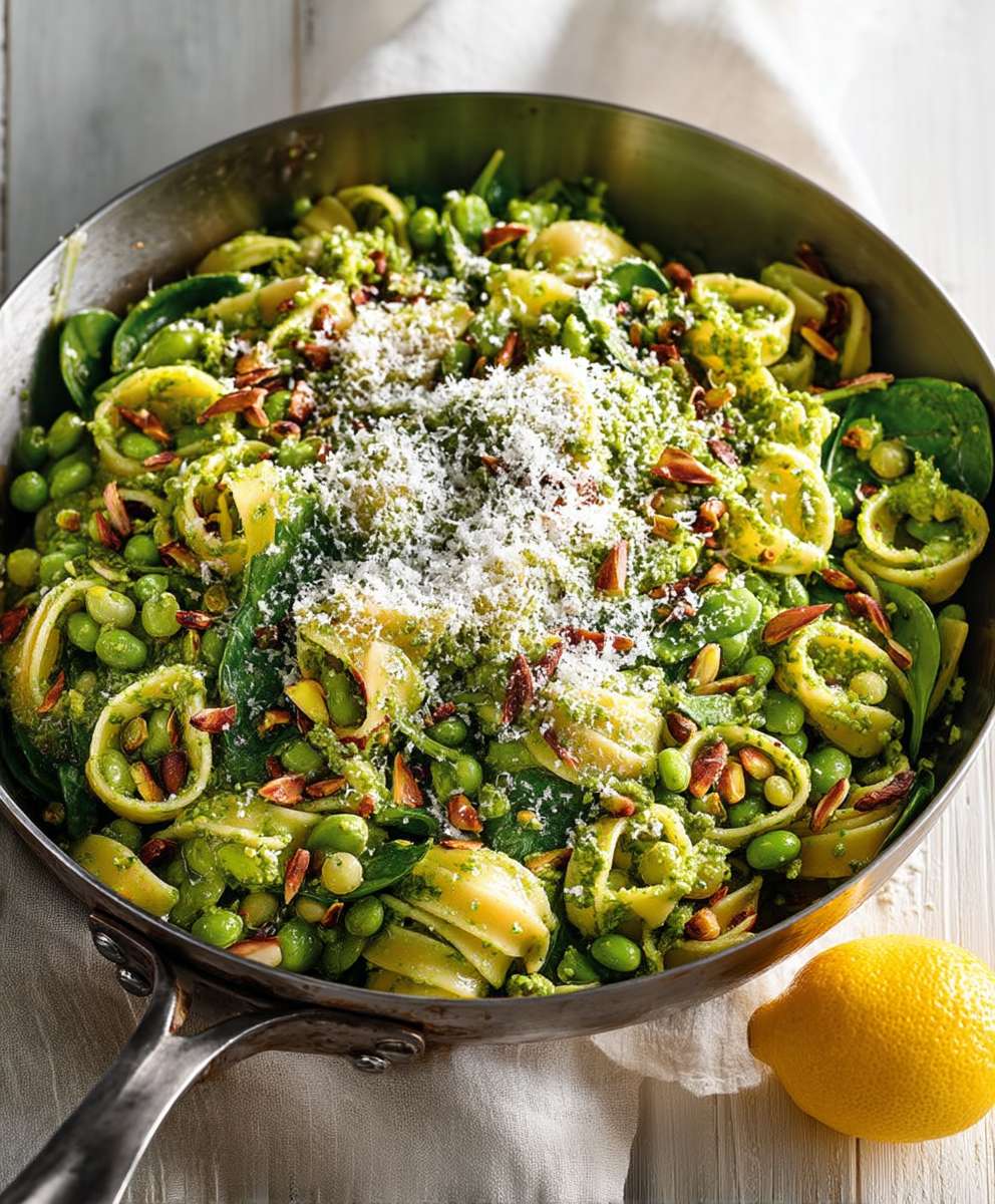 Pâtes pesto petits pois épinards citron