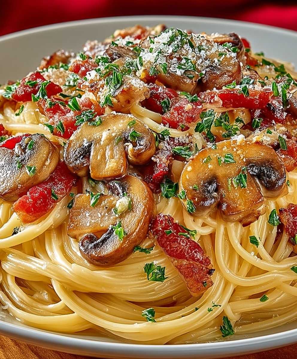 Spaghetti Carbonara Lard Fumé Champignons