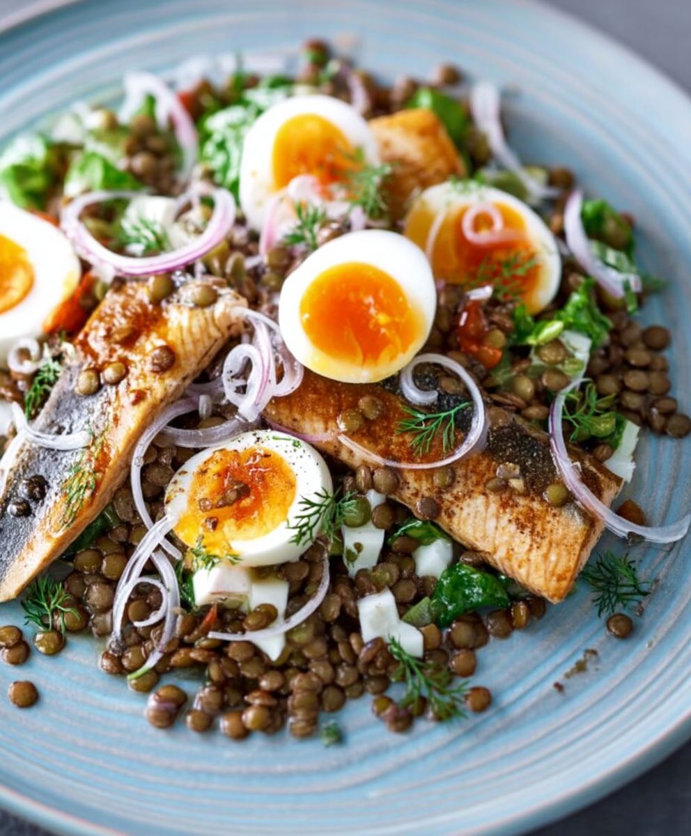 Salade lentilles maquereau oeuf mollet