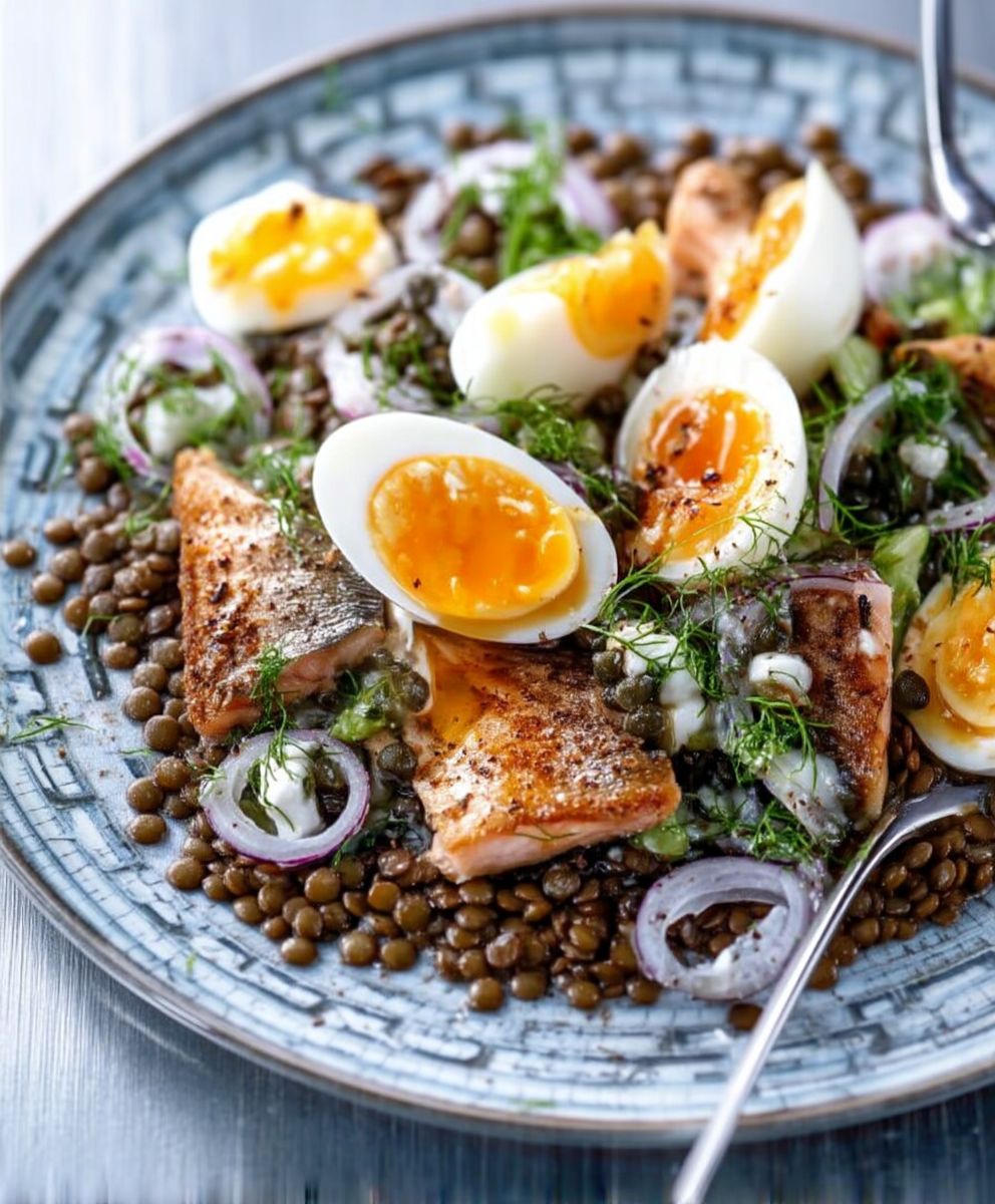 Salade lentilles maquereau oeuf mollet