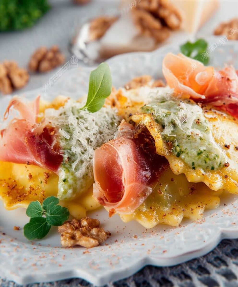 Raviolis jambon de Parme pesto noix