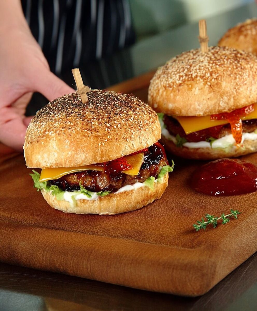 Cheeseburgers maison ketchup aux fraises