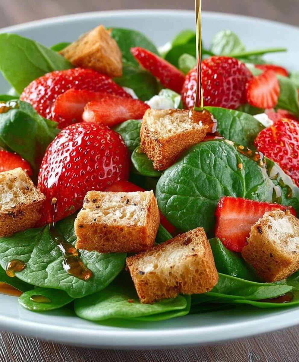 Salade épinards fraises croûtons chèvre