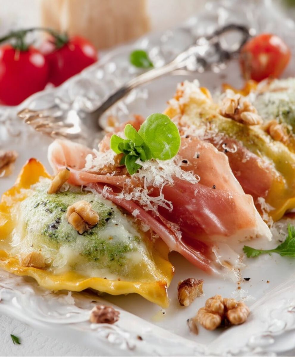 Raviolis jambon de Parme pesto noix