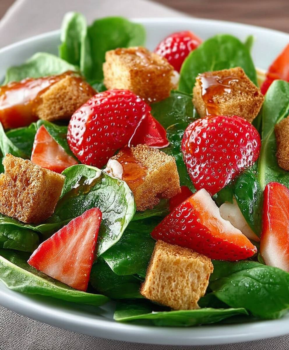 Salade épinards fraises croûtons chèvre