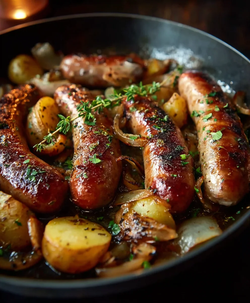 Saucisses Boeuf, Champignons & Pommes de Terre au Four