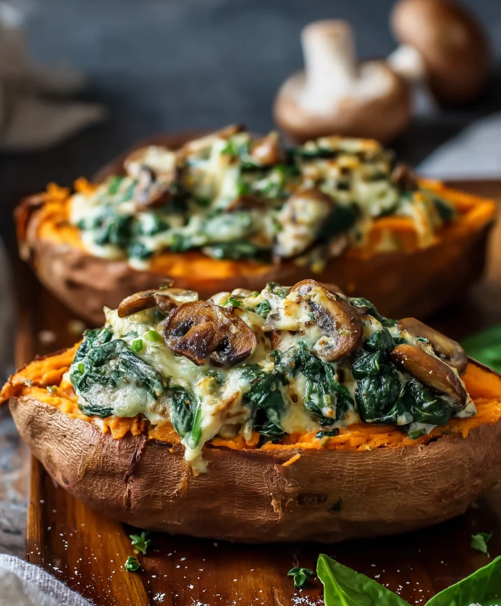 Pommes de terre douces farcies bolets et épinards crémeux