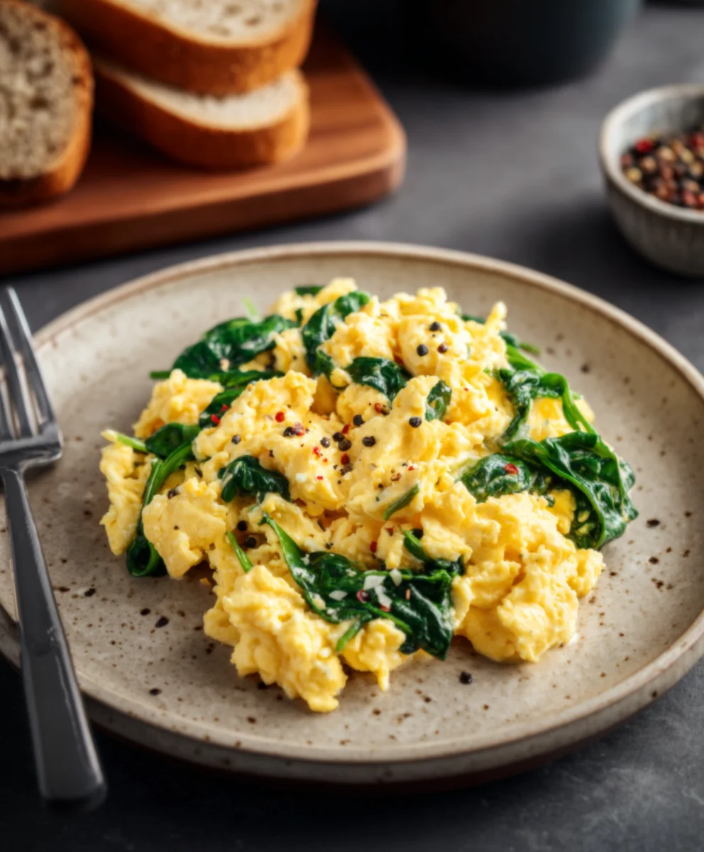 Œufs brouillés au fromage & épinards : recette facile