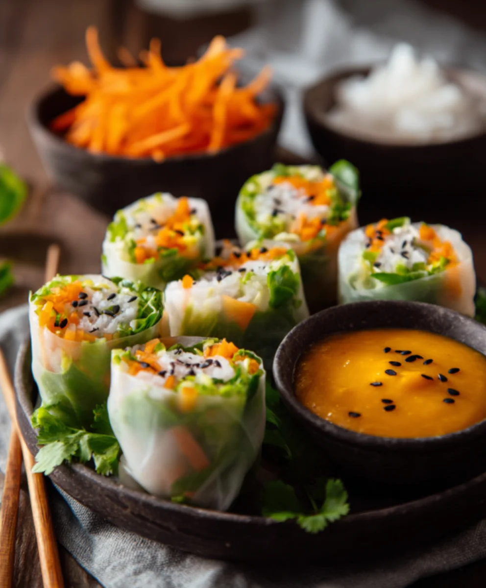 Rouleaux Salade Fraîche Sauce Carotte-Gin Extractgembre Zestée